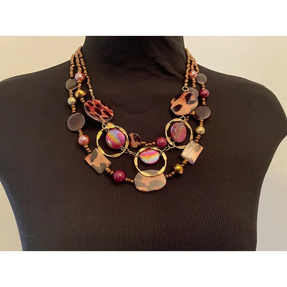 Jules B Womens Multi Strand Statement Necklace Animal Print Iridescent Gold Tone